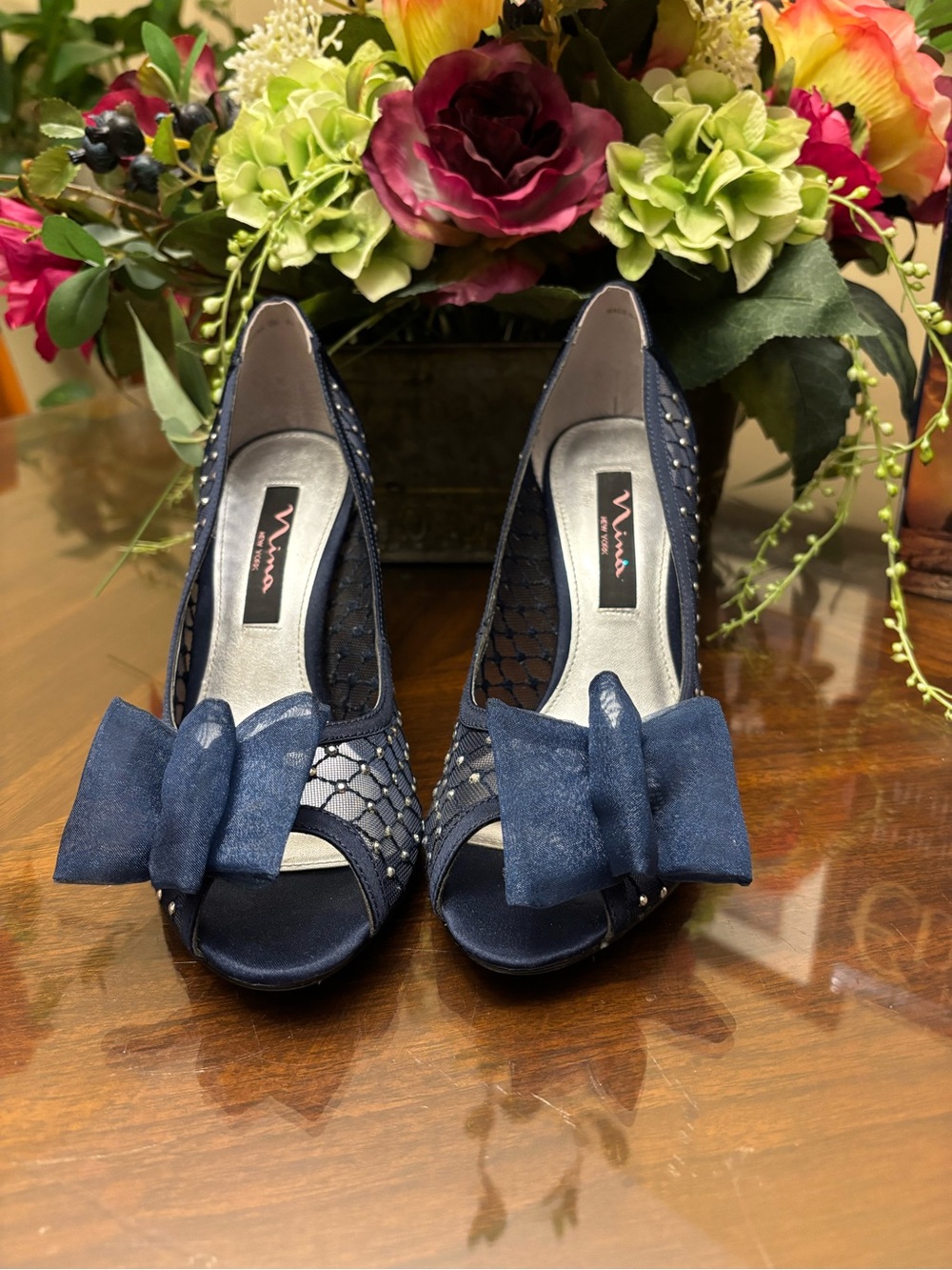 Nina Navy Peep-Toe Heels with Bow and Studded Mesh 6.5 M